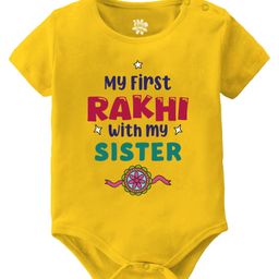 Baby Buzz 100% Cotton Knit Raksha Bandhan Theme Half Sleeves My First Rakhi With My Sister Text Printed Onesie - Yellow-image-82