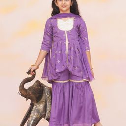 KID1 Silk Woven Three Fourth Sleeves Sequins Embellished Floral Foil Printed Kurti Sharara With Dupatta Set - Purple-image-45