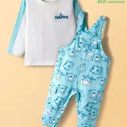 Babyoye 100% Cotton Knit Animal Printed Dungaree & with Full Sleeves Inner T-Shirt - Light Blue-picture-35