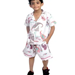 Tilism Knit Half Sleeves Paisley Printed Coordinating Shirt & Shorts Night Suit Set - Multi Colour-picture-30