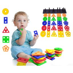 BitFeex Intellectual Learning Geometric Shape Stacker Matching Five Column Blocks Puzzle Shape Sorter Column Game Toy Multicolor - 26 Pieces image 2
