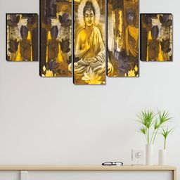 Aura Gold-Toned & Grey 5 Pieces Religious Buddha Wooden Painting Wall Art-image-72