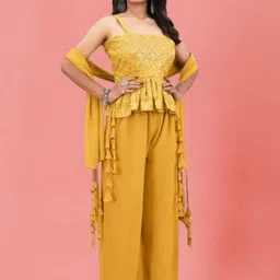 PARROT CREATION Women Embroidered Regular Sequinned Kurti with Sharara & With Dupatta image 2