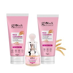 Globus naturals Set Of 3 Rice Ceramide Face Wash Face Serum Peel off Mask Skin Care Combo-25