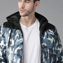 Roadster Men Blue & White Camouflage Printed Hooded Jacket-picture-22