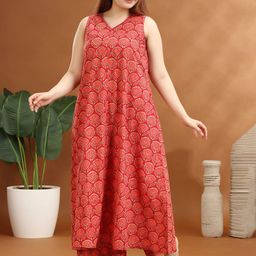 COTTON CULTURE Women Pink Cotton Printed A Line Kurta and Pant Set-35