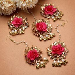 ZENEME Gold-Plated Artificial Beads Studded Maang Tikka Head Jewellery-image-49