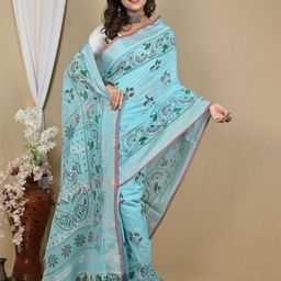 PuJoy Ethnic Motifs Print Zari Pure Cotton Taant Saree-image-29