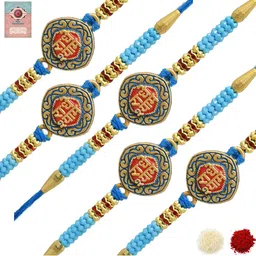 MEIRA JEWELLERY Set Of 5 Beaded Radha Krishna Rakhi Comes with Roli Chawal & Greeting Card-image-5