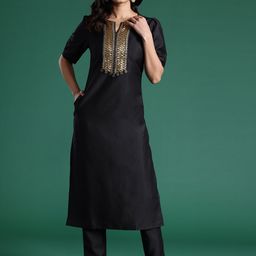 Sangria Yoke Design Puff Sleeves Sequinned Kurta with Trousers-image-59