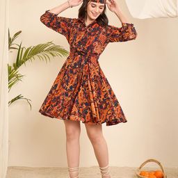 WineRed Women Printed Self Design Fit & Flare Dress-image-44