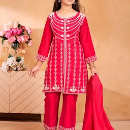 BAESD Girls Floral Embroidered Regular Pure Silk Kurta with Trousers & With Dupatta-image-95