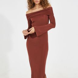 Styli Women Solid Off-Shoulder Sheath Maxi Dress-image-58