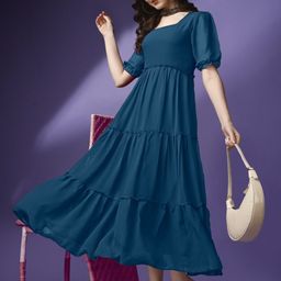 Krunal Raiyani Puff Sleeve Georgette Ruffles Tiered Fit & Flare Midi Dress-picture-29