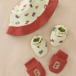 Babyoye Cotton Waffle Knit Cap Mitten & Booties Set With Bow Applique Alphabets Print Multicolor- Diameter 14 cm-image-74