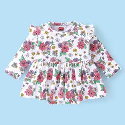 Babyhug 100% Cotton Knit Full Sleeves Floral Printed Frock Style Onesie  - White-image-20