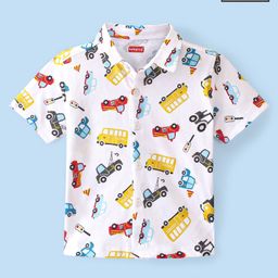 Babyhug 100% Cotton Knit Half Sleeve Shirt With Bus Print - White-image-14