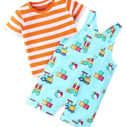 Babyhug Cotton Knit Truck Printed Dungaree with Half Sleeves Striped Inner Tee - Red & Blue-image-62