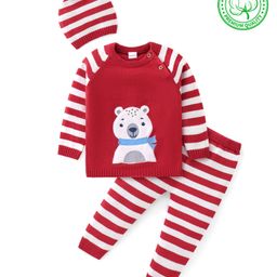 Babyhug Knitted Full Sleeves Striped Sweater Set with Cap & Bear Patch - Red-image-38