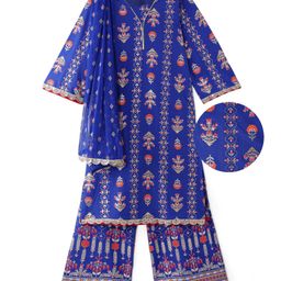 Earthy Single Jersey Knit Full Sleeves Foil Printed Kurta Palazzo Set with Dupatta - Royal Blue-image-25
