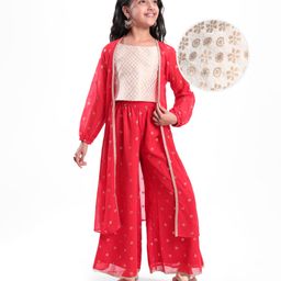 Pine Kids Woven Georgette Foil Printed Top and Pallazzo with Full Sleeve Shrug - Red-image-98