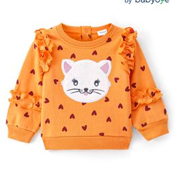 Babyoye Cotton Knit full Sleeves Pullover Sweatshirt With Kitty Patch & Frill Detailing - Orange-image-128