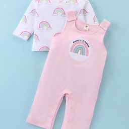 Toffyhouse Cotton Half Sleeves T-Shirt & Dungaree Style Romper Rainbow Theme Print - Light Pink & White-image-30