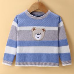 Toffy House Knitted Full Sleeves Pullover Sweater with Stripes Design & Animal Patch Detailing - Light Blue-image-9