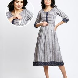 Dummy Shape Three Fourth Sleeves Geometric Printed Flared Maternity Kurta With Concealed Zipper Nursing Access - Grey-49