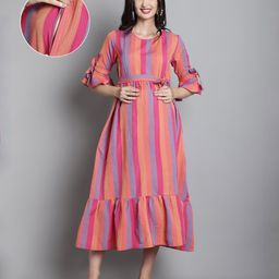 Moms Maternity Cotton Half Bell Sleeves Striped Maternity Maxi Dress With Zipper Nursing Access - Pink-image-52