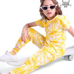 Ollington St. 100% Cotton Knit Half Sleeves Floral Print Top & Joggers Co- Ords Set - Yellow White-image-82