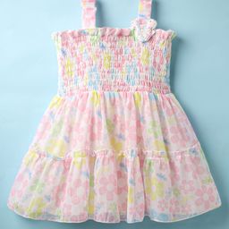 Dew Drops Organza Woven Sleeveless Smocked Frock with Floral Print - Pink-picture-28
