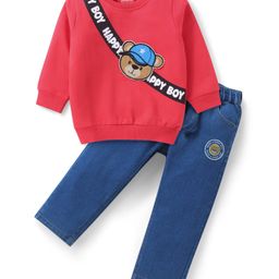 Babyhug Terry Knit Full Sleeves Sweatshirt & Denim Jeans Set With Teddy Bear Patch - Red & Blue-image-95
