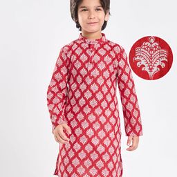 EARTHY TOUCH Cotton Woven Full Sleeves Kurta with Floral Kolka Design - Red-image-96