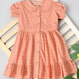 Bella Moda Cotton Half Puffed Sleeves Schiffli Embroidered Shirt Style Dress - Peach-image-95