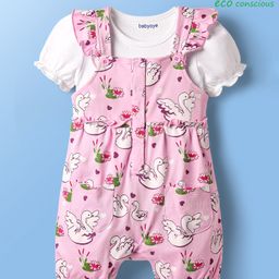 Babyoye 100% Cotton Knit Half Puffed Sleeves Eco Jiva Finish Inner Tee & Dungaree with Duck Print - Pink & White-image-39