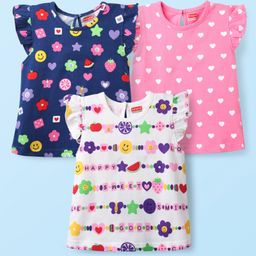 Babyhug Cotton Knit Frill Sleeves T-Shirt with Tropical Theme & Hearts Print Pack of 3 - Navy Blue Pink & White-image-105