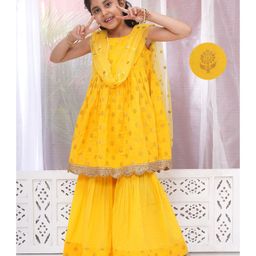 Little Bansi Cotton Sleeveless Floral Foil Motifs Printed Frock Style Kurta With Coordinating Sharara & Dupatta Set - Haldi Yellow-39