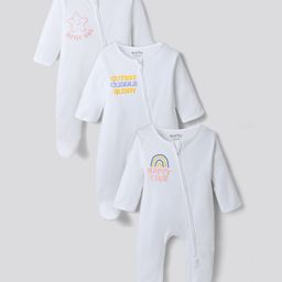 Bonfino 100% Cotton Knit Full Sleeves Sleepsuit With Text Embriodery Pack Of 3 - White-image-26