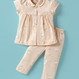 Teddy Cotton Knit Half Sleeves Front Open Co-ords Night Suit With Animal Print - Beige-image-72