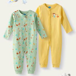 Nauti Nati Premium Cotton Knit Pack Of 2 Full Sleeves Space Theme & Squirrel Printed Sleepsuits - Blue & Yellow-image-35