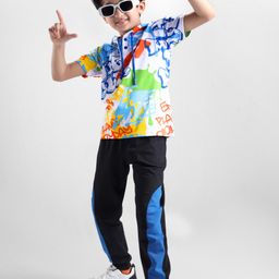 OLLINGTON ST. Cotton Knit Half Sleeves Text Printed Hoodie T-Shirt & Knit Joggers Set - Multicolor & Black-image-40