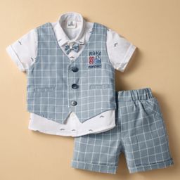 Mini Taurus Knit Half Sleeves 3 Piece Party Suite with Checks & Attached Bow - Silver-image-83