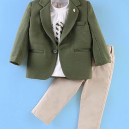 Dapper Dudes Sport Text Printed Tee & Pant With Full Sleeves Textured Blazer - Olive Green-image-59