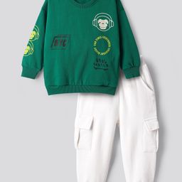 Bonfino 100% Cotton Fleece Drop Shoulder Full Sleeves Text Printed Sweatshirt With Cargo Jogger Set - Green & White-picture-26