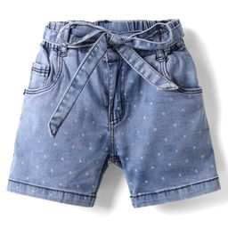 Olio Kids Denim Knit Shorts With Polka Dot Print & Belt - Light Blue-image-48