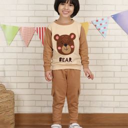Polka Tots Cotton Knit Full Sleeves Colour Blocked Teddy Bear Textured Sweatshirt With Solid Pocket Detailed Joggers Set - Brown-image-50