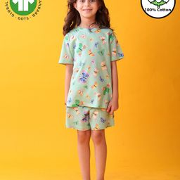 Anthrilo 100% Cotton Knit Half Sleeves Butterfly Printed Tee & Coordinating Shorts Set - Green-image-61