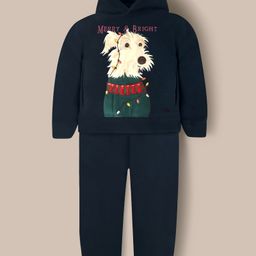 Cherry Crumble By Nitt Hyman Knit Full Sleeves Cute Dog Patch Embroidered Hooded Sweatshirt & Joggers Set - Dark Grey-picture-36