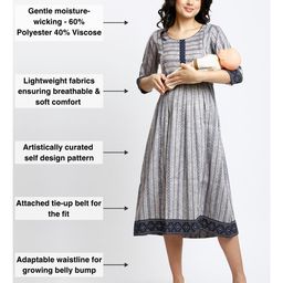 Dummy Shape Three Fourth Sleeves Geometric Printed Flared Maternity Kurta With Concealed Zipper Nursing Access - Grey image 3